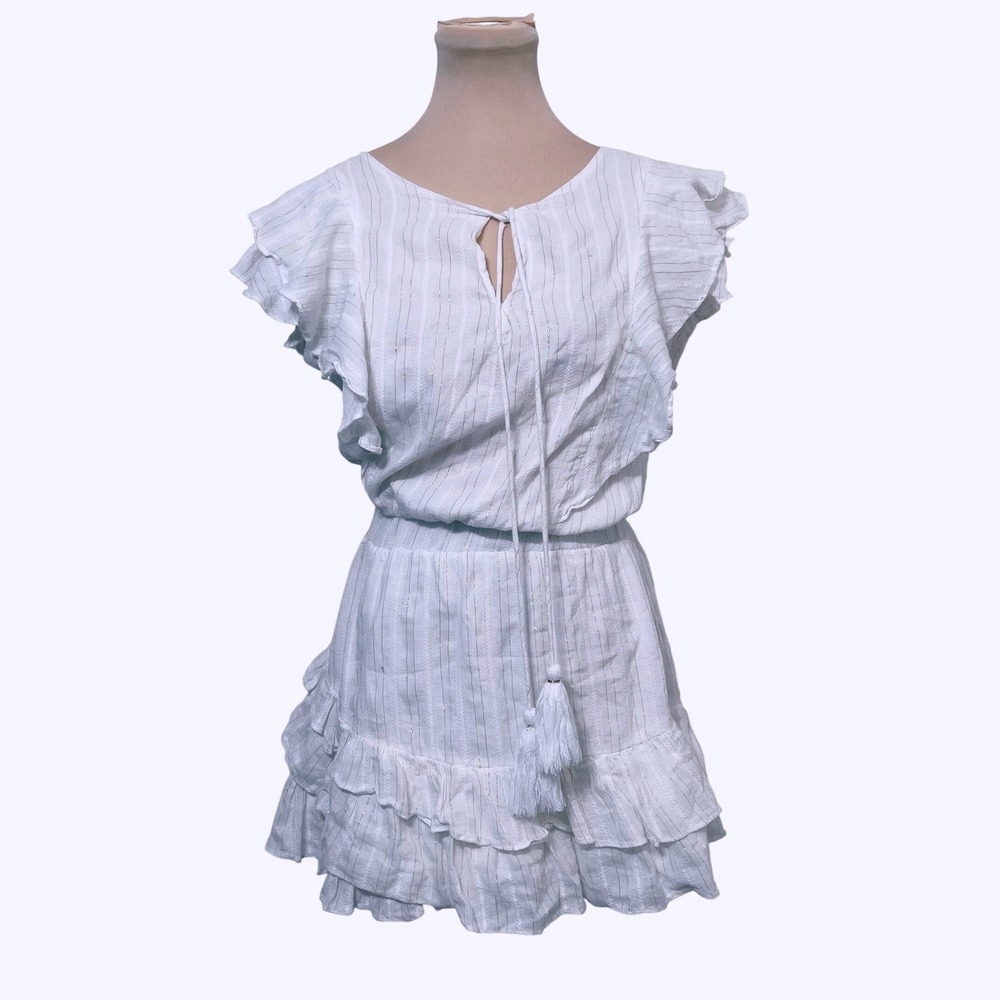 Karina Grimaldi White Gold Metallic Stripe Ruffle Mini Dress XS Boho‎ Resort